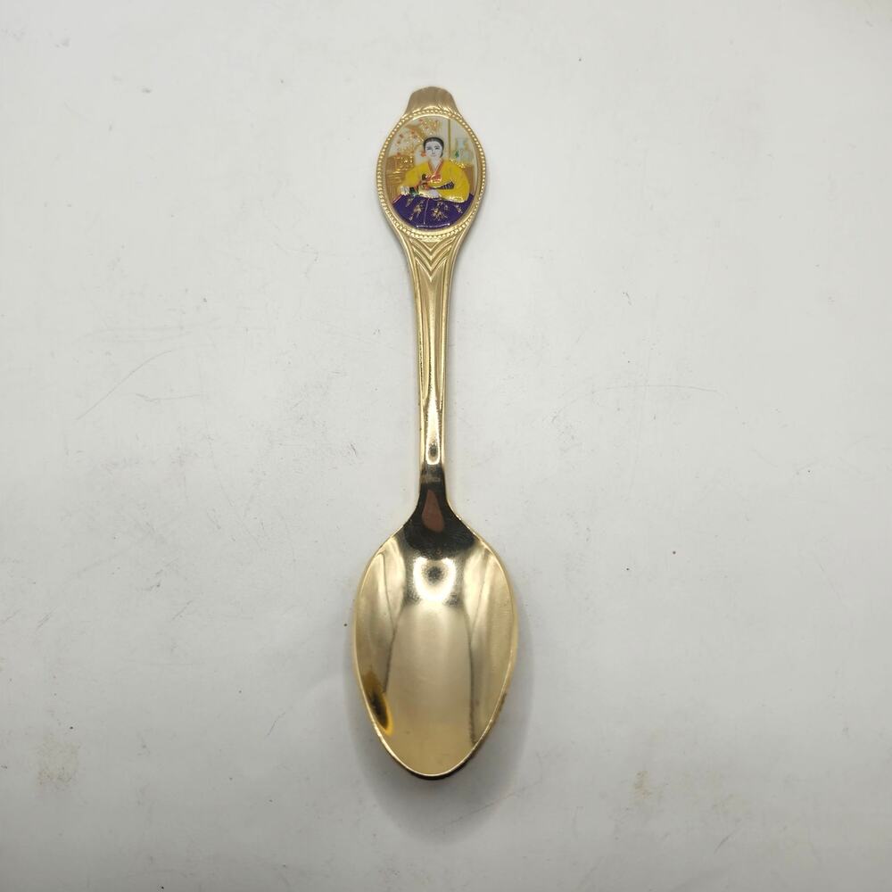 Asian Souvenir Spoon Gold Tone Enamel Traditional Woman 18/10 Stainless 6 Inch